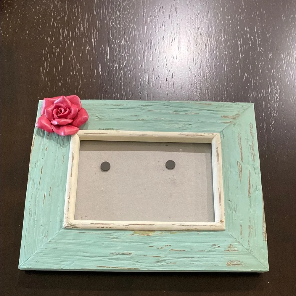 Belique Mint Green Distressed Wood Photo Frame with Pink Rose Accent!